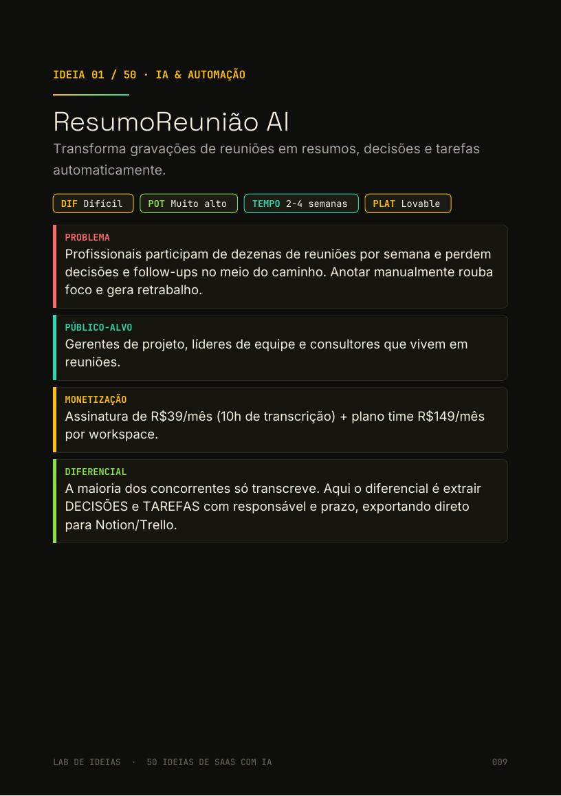 Página de uma ideia do ebook com problema, público-alvo, monetização e diferencial