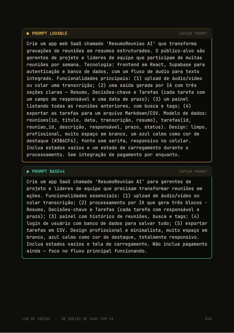Página com os dois prompts prontos pra Lovable e Base44